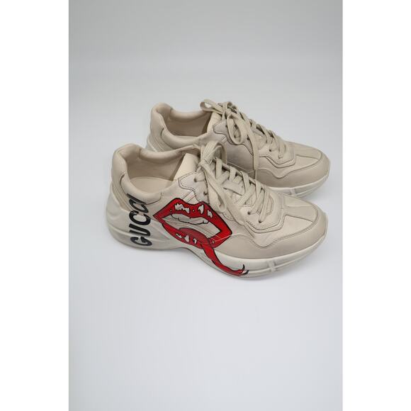 Gucci Leather Rhyton Mouth Print Lace-Up Low Top Sneakers Ivory Size 5.5 - Picture 3 of 16